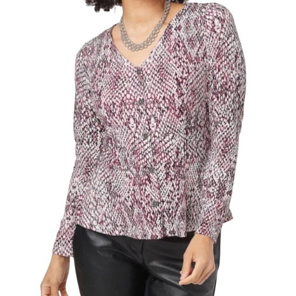 Susan Graver Liquid Knit Peplum Top Womens L Purple Cream Snakeskin Button Front